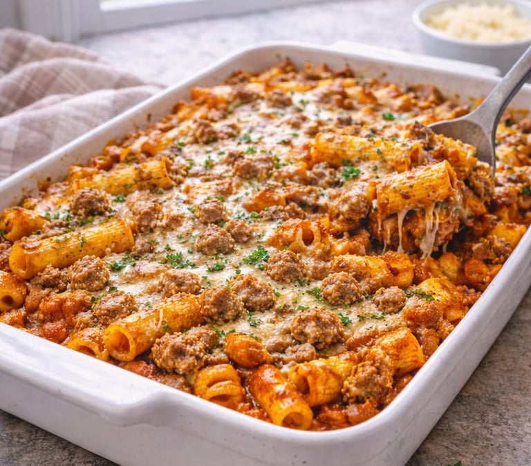 sausage pasta bake on plate