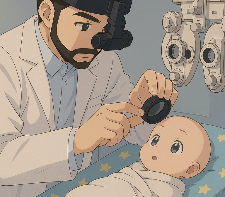 Exame oftalmológico infantil em ambiente calmo e acolhedor