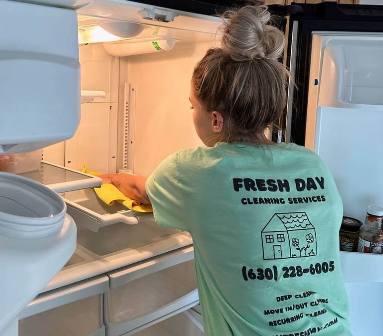 a cleaner in a uniform shirt is clean the refrigerator