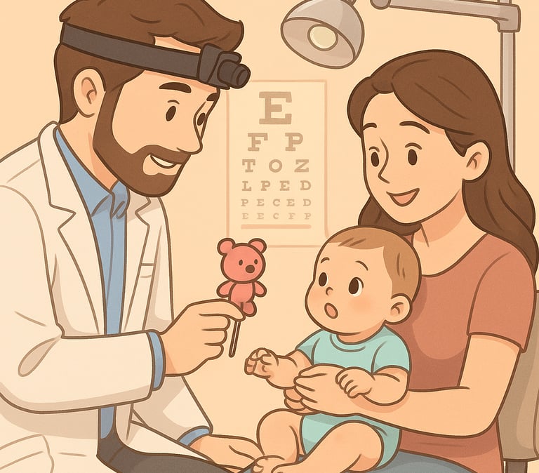 Bebê de 4 a 6 meses no colo da mãe em exame oftalmológico com estímulo visual