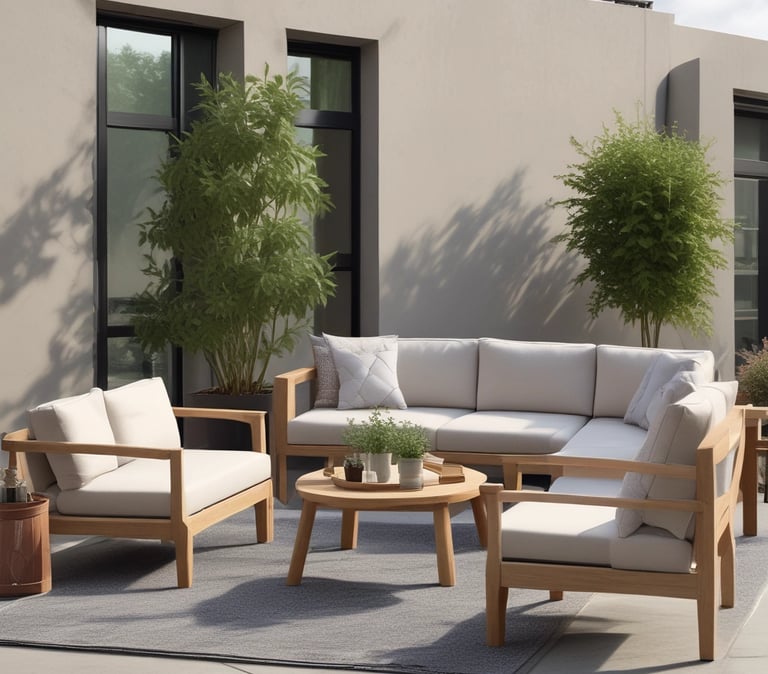 Outdoor seating with decorative pillows.