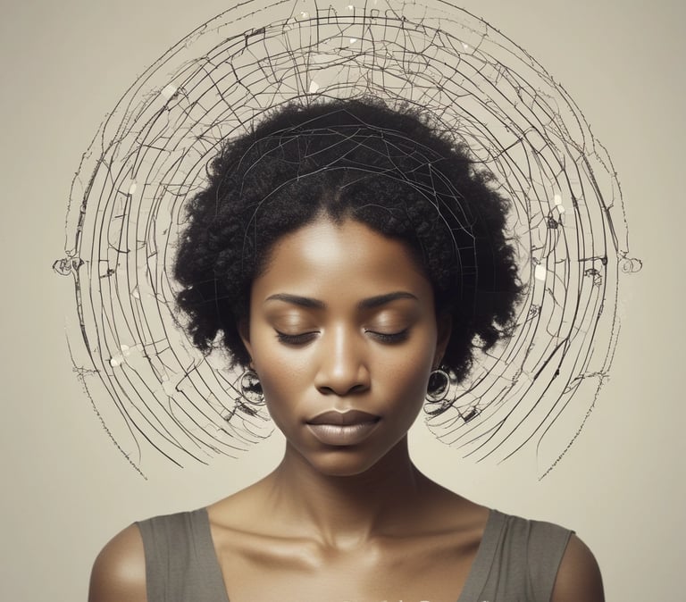 A serene young Black woman with an afro and closed eyes, surrounded by an intricate wire halo, embodying tranquility and