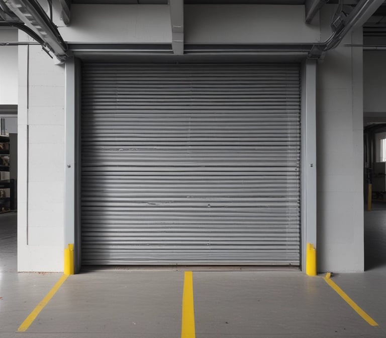 Two closed industrial roller shutter doors are mounted on a weathered, corrugated metal building. A notice sign is attached to the wall between the doors. The area shows signs of rust and aging, particularly on the lower part of the structure. The shadows cast indicate bright sunlight.