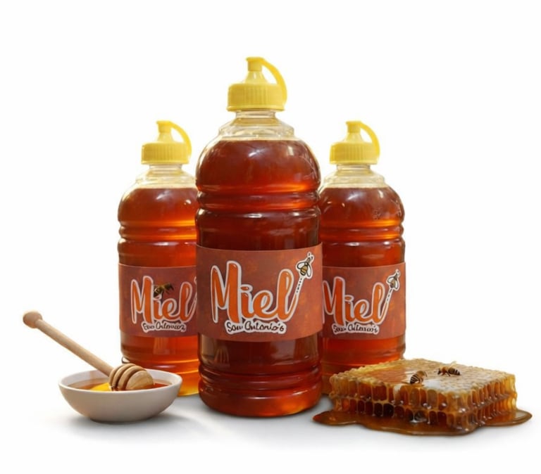 Botellas de miel natural San Antonio’s con panal y cucharón de madera.