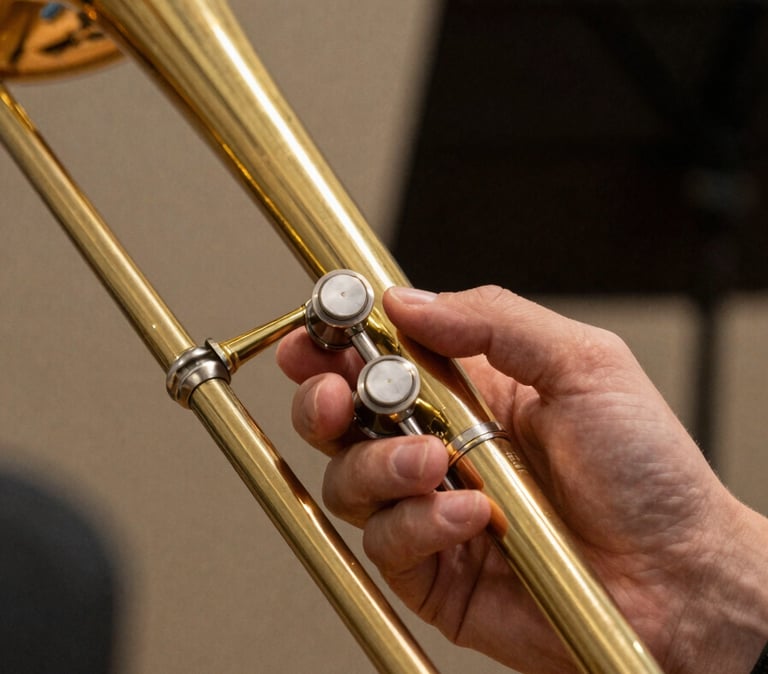 Close-up of a brass trombone slide and hand adjusting the tuning, warm side-lighting reflecting off polished metal, dark music stand in soft focus background