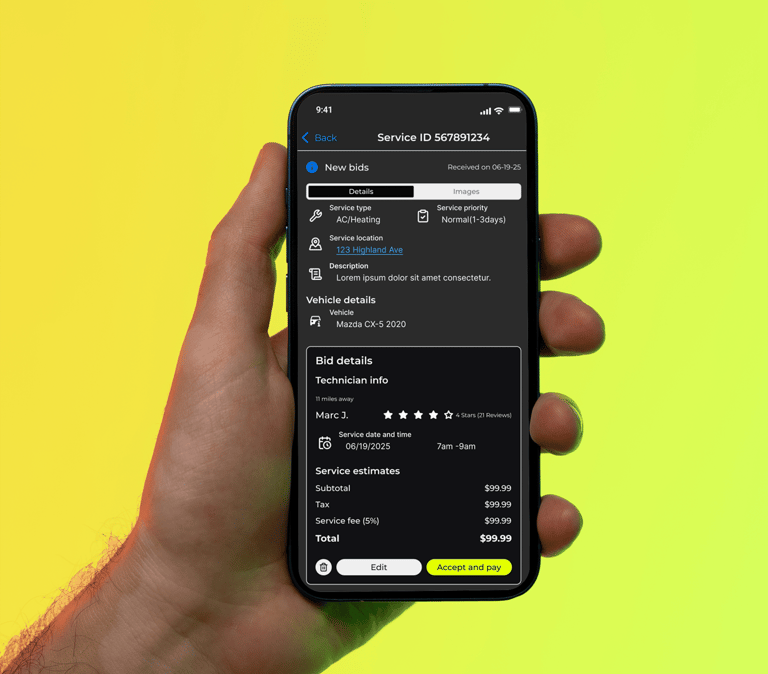 Hand holding a smartphone displaying mobile app for booking auto repair and technician service bids.