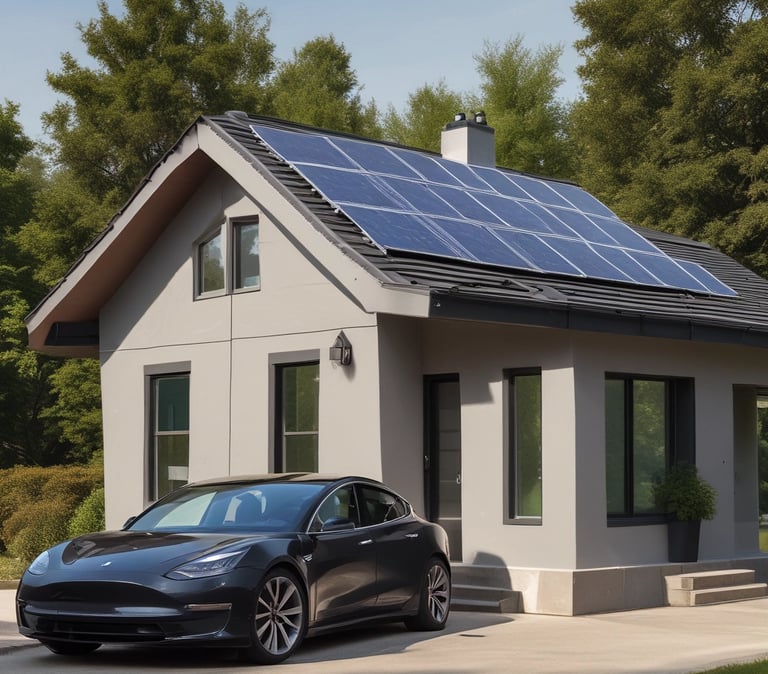 A modern solar power station with hydrogen electrolyzers under a clear blue sky.