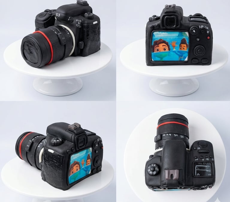 Torta 3D realista de cámara fotográfica creada por Cocina con Ely, elaborada artesanalmente en fonda