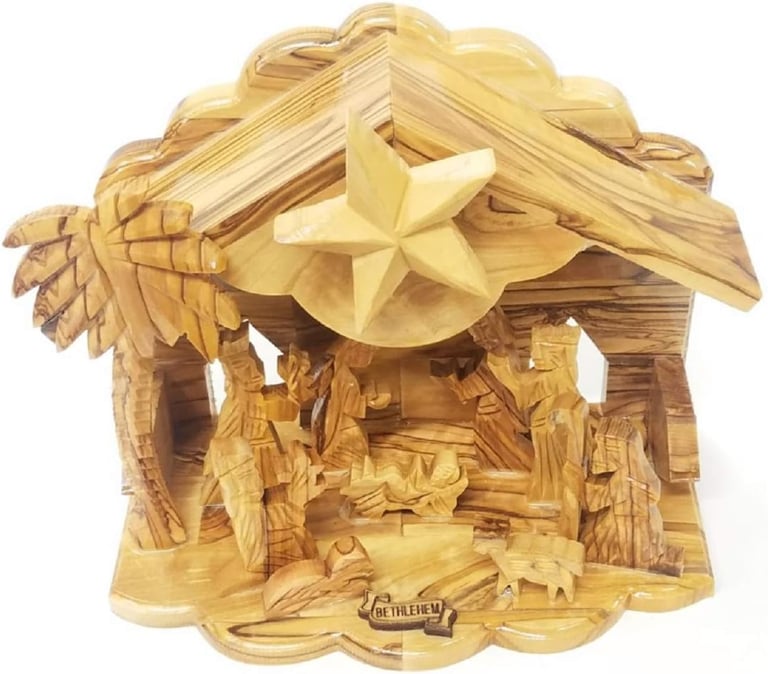 Handcarved Bethlehem Olive Wood Miniature Nativity Scene Set with Stable 12 Pieces 