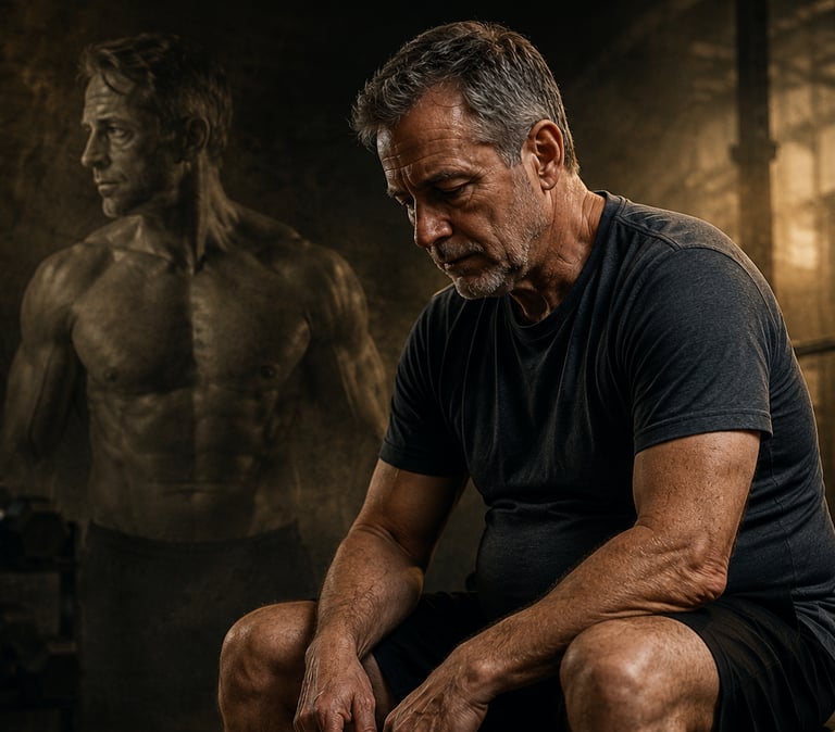 Man over 50 in gym caught in the Diminishment Trap, reflecting on lost strength, muscle, and confide