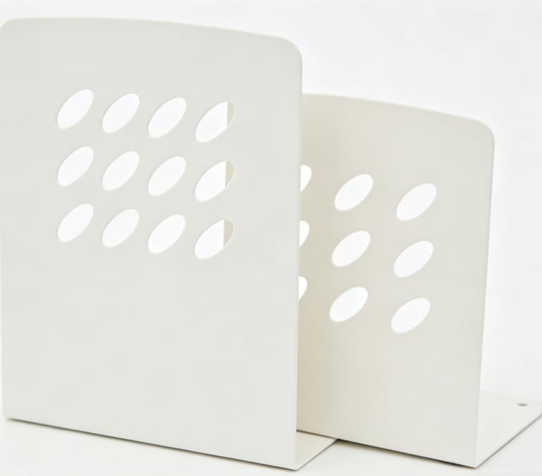 Custom sheet metal bookends with premium matte white finish by Doing Metal