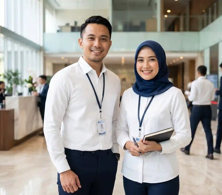 karyawan berseragam kantor di ruang kerja open space dengan pencahayaan terang