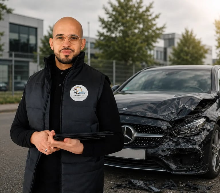 Gutachter vor beschädigtem Auto