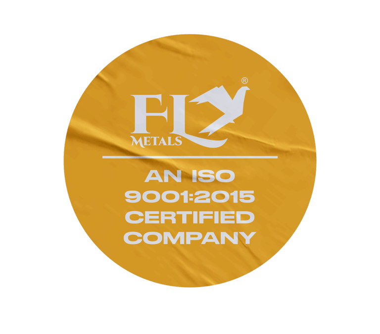Fly Metals, an ISO 9001:2015 certified company logo.