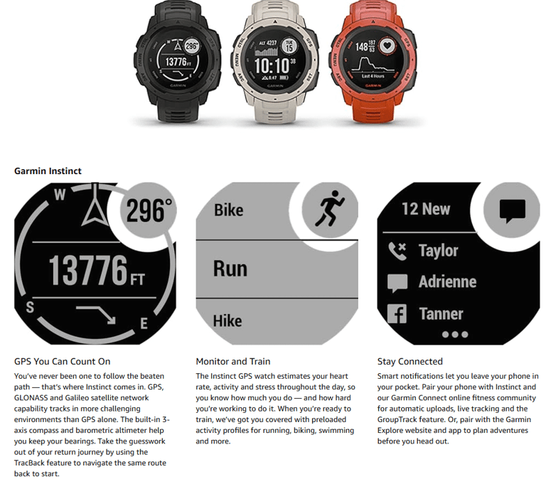 Wrist wearing the Garmin Instinct Solar rugged smartwatch, displaying its outdoor interface