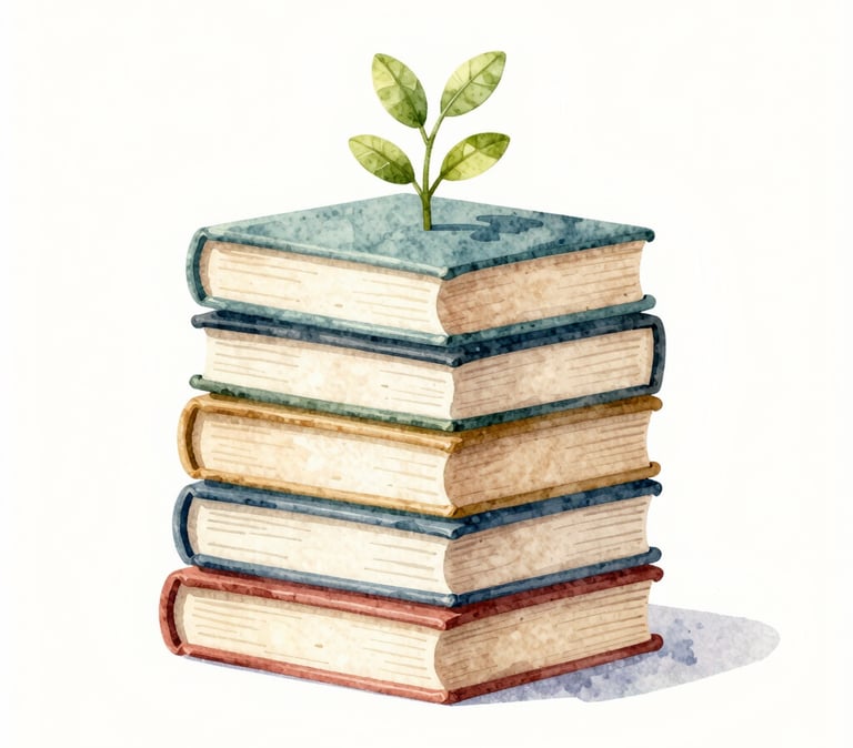 A whimsical watercolor illustration of a stack of books with tiny green leaves sprouting from the pages, using #7A9E9F and #D4B281 on #F8F6F4 paper.