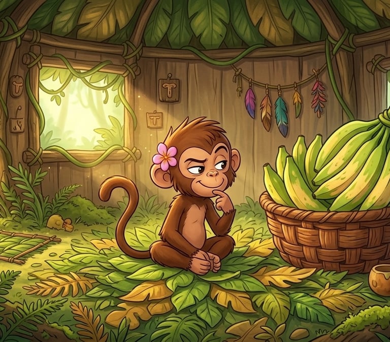 Cute cartoon monkey sitting in a jungle treehouse looking at a basket of green bananas.