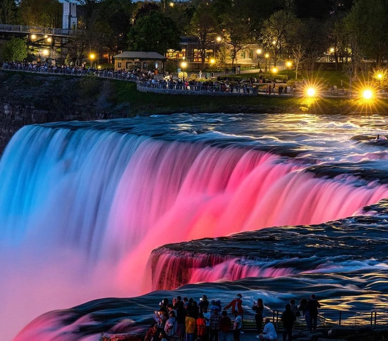 Niagara Falls private chauffeur tour with illuminated waterfall at night