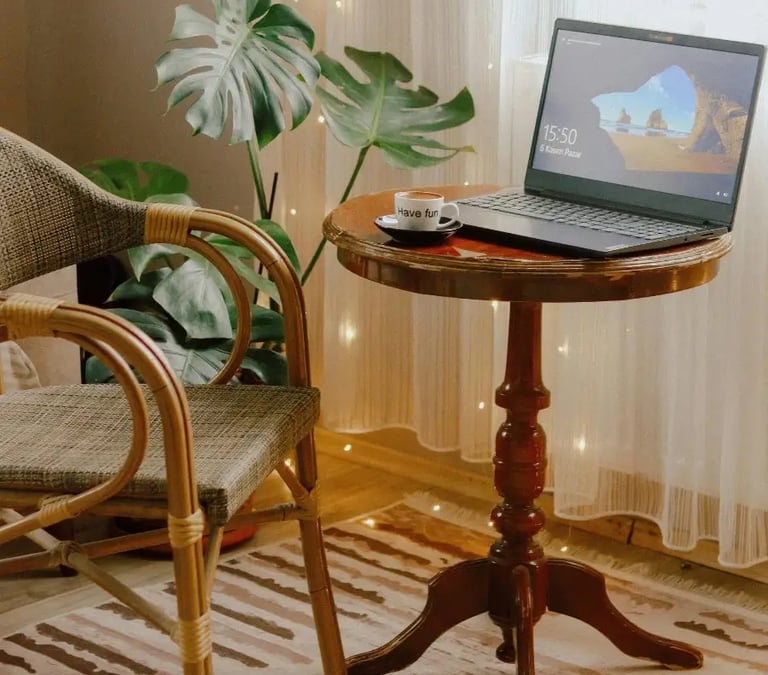 chair and computer representing online homeopathic consultation