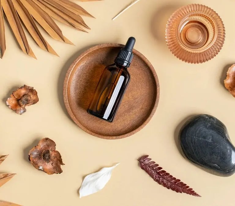 homeopatic remedy in a bottle around the bottle arrangement of natural decorations