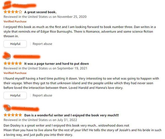 Sample Amazon reviews for the novel 'Voyage of Abigail,' by Dan Dooley