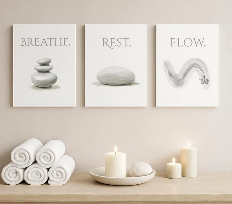 Zen wall art with spa decor featuring white towels, candles, and framed posters with serene stones and text.