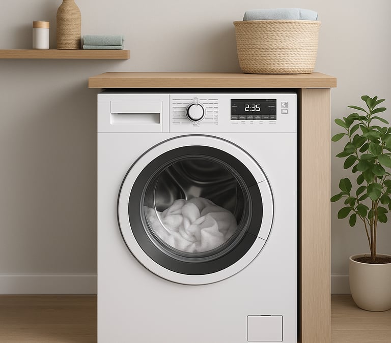 Blomberg front-load dryer in a modern laundry room with shelves and a potted plant.