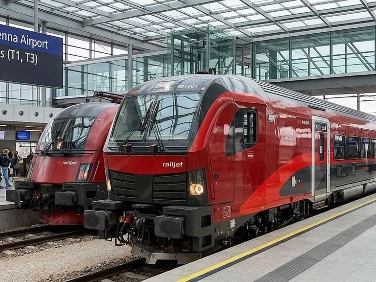 Trenes Railjet de ÖBB en la estación de tren del Aeropuerto de Viena con pasajeros 