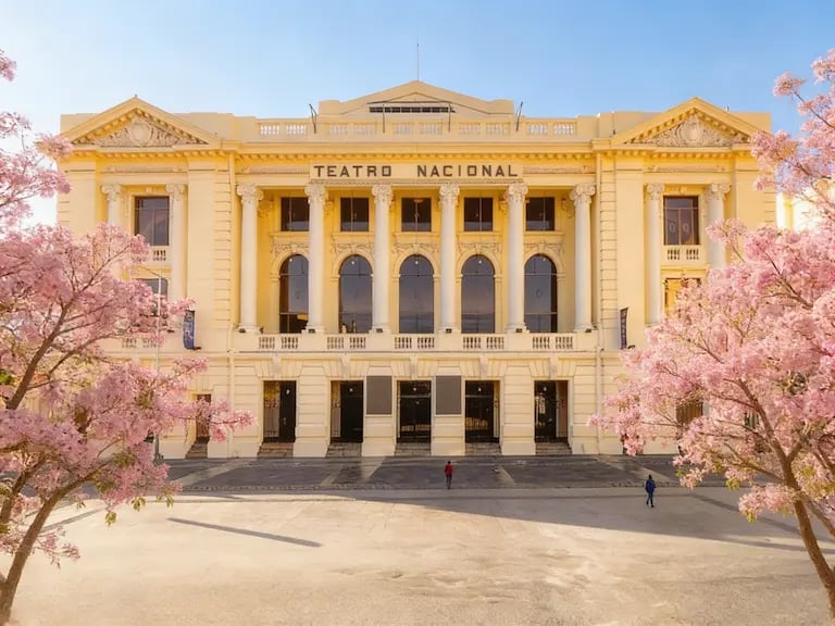 The historic Teatro Nacional building in El Salvador framed by blooming pink macuilishuat trees.