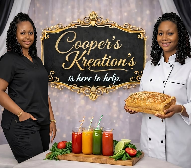 Cooper's Kreation's personal chef and wellness professional with fresh juices and artisanal bread.