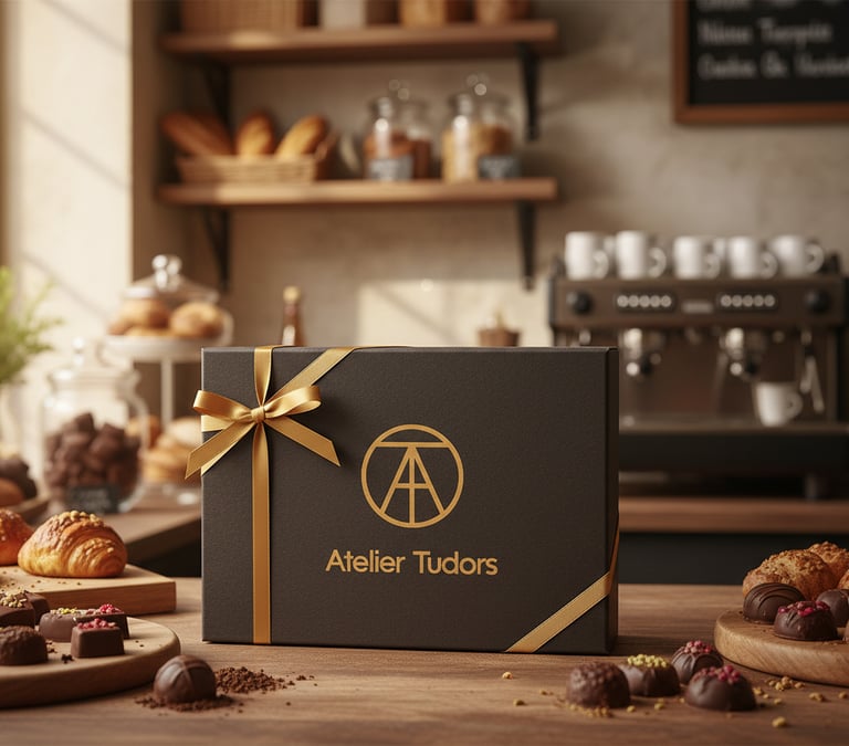 Boite noir de chocolats avec logo or et rubans or