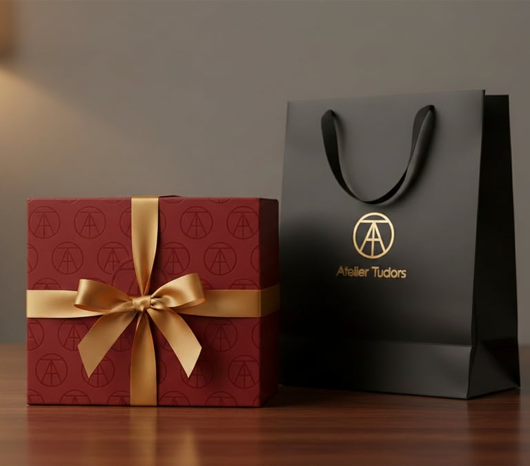 Box gâteau rouge et sac noir avec logo