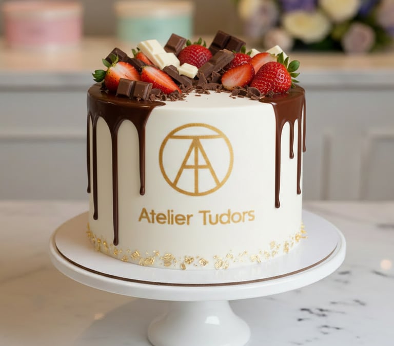 Atelier Tudors gâteau fraise et chocolat logo or