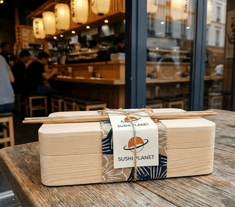Sushi Planet box en bois pour sushis avec baguette et logo
