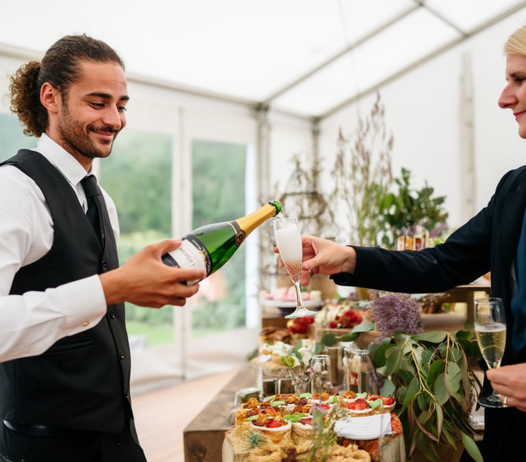 Un serveur professionnel verse du champagne à un invité lors d'une réception avec traiteu