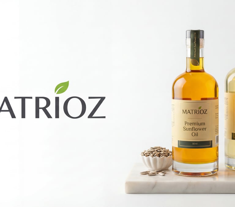 Bottles of Matrioz premium sunflower oil and palm olein oil on a marble tray with seeds.
