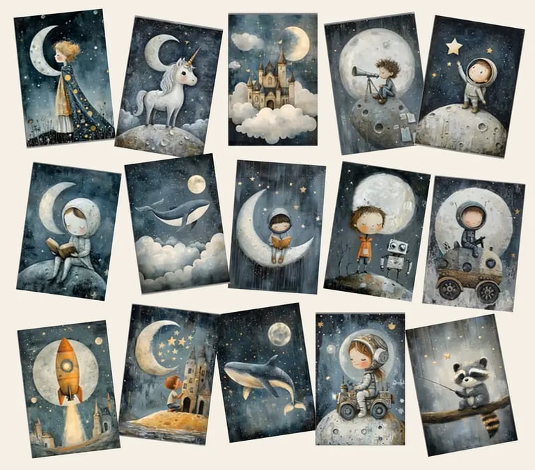 Illustrazioni di partenza a tema spazio e luna per la creazione dei quadretti artigianali. - Guance Rosse