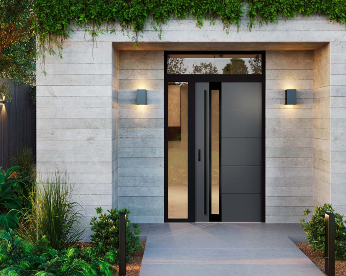 a modern home entrance with a modern door
