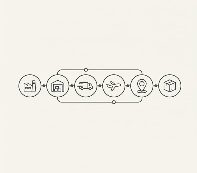 A minimalist icon illustrating the direct-to-source supply chain at Ancient Roots Global, showing sc