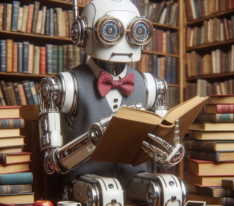 a Librarian AI robot with glasses and a book