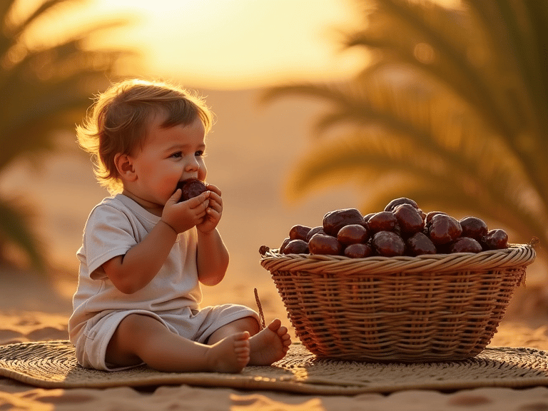 Uma criança simbolizando uma geração futura comendo Tâmaras