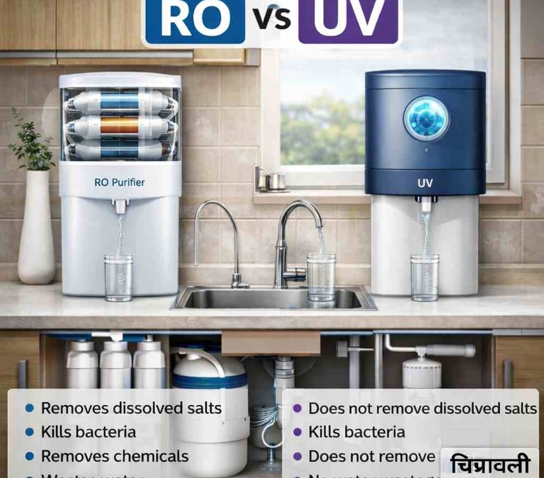RO और UV जल शुद्धिकरण प्रणाली की तुलना दिखाता घरेलू सेटअप