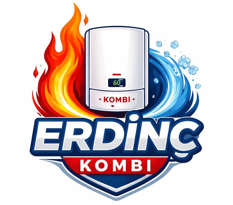 Erdinç Kombi logo featuring a modern white boiler unit surrounded by fire and ice symbols.