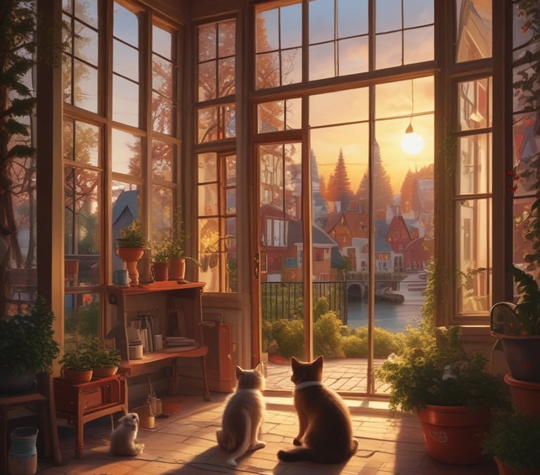 A warm, softly lit scene of a caregiver gently assisting an elderly person in a cozy living room with pastel pink and lilac accents.