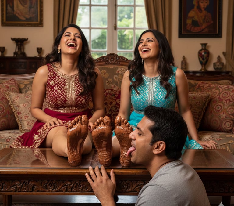 men lick choklet solution from two girl feet