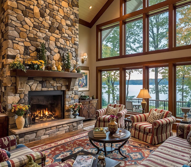 masonry fireplace refacing example in Fontana, on Geneva Lake, Wisconsin