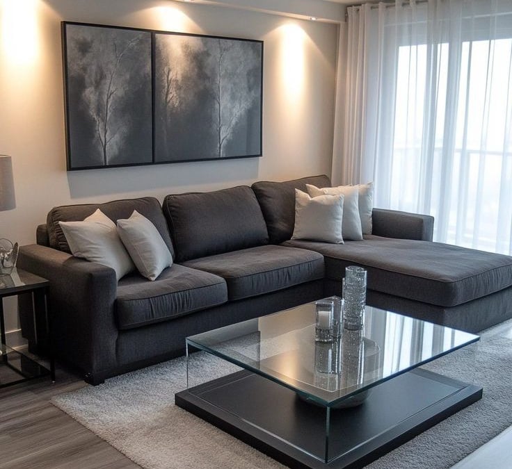 a living room with a couch and a coffee table