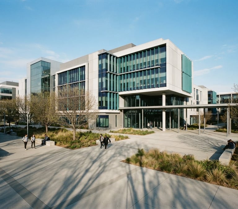 An architectural wide shot of a modern academic research facility, bright natural daylight casting long shadows, clean minimalist lines, 35mm photography.