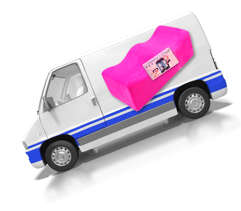 a white van with a pink zpp pillow shaped like box on it