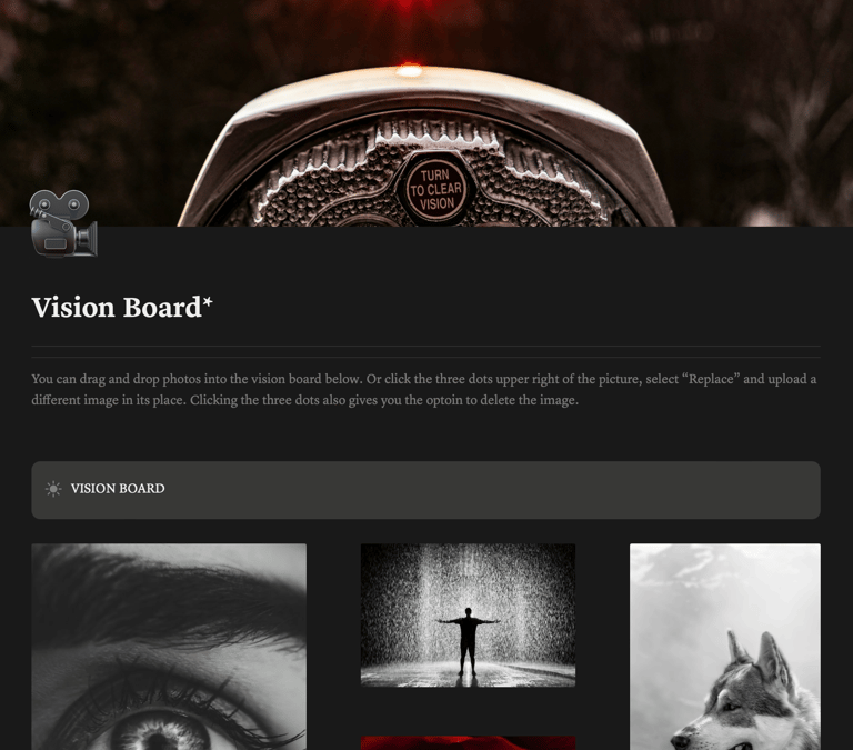 Digital vision board featuring black and white photography of an eye, a person in rain, and a husky.